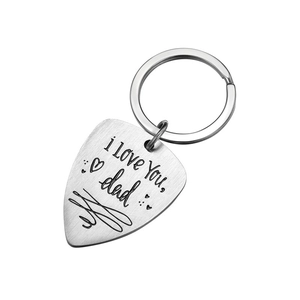Brushed stainless steel guitar pick keychain with engraved I Love You Dad lettering