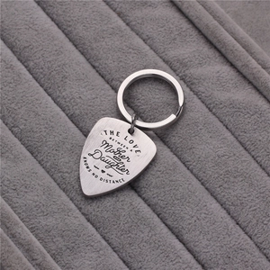 Guitar pick keychain for mother and daughter with etched love message in brushed steel