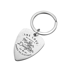 Brushed stainless steel guitar pick keychain with engraved mother and daughter quote