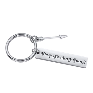 Silver stainless steel keychain with Keep Fucking Going engraved tag and arrow charm