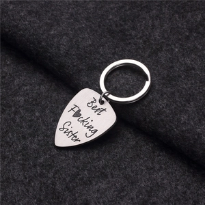 Guitar pick keychain with Best F❤cking Sister engraving on brushed stainless steel