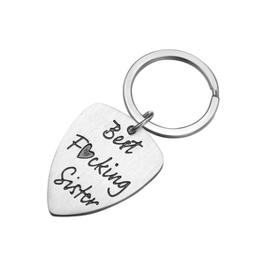 Guitar pick keychain with Best Fucking Sister engraving in brushed stainless steel
