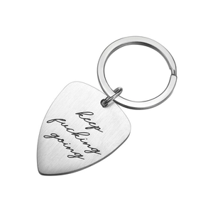 Brushed stainless steel guitar pick keychain with Keep Fucking Going engraving