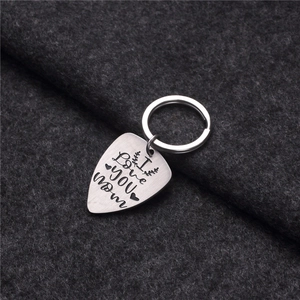 Guitar pick keychain in brushed steel with I Love You Mom engraving and heart detail
