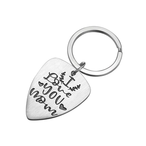 Polished silver guitar pick keychain with I Love You Mom engraving for Mother's Day
