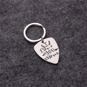 Guitar pick stainless steel keychain with I Love You Mom engraving for Mother's Day gift