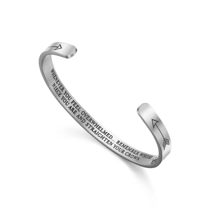 Silver brushed stainless steel open cuff bracelet with inspirational engraving inside