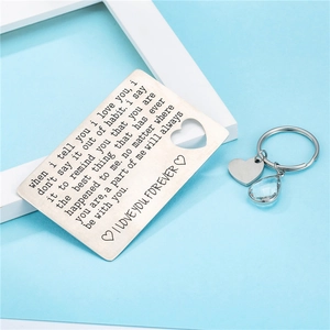 Stainless Steel Engraved Wallet Card And Heart Keychain Set Romantic Love Letter Gift For Anniversary Valentine Day
