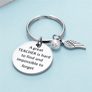 Porte-clés cadeau enseignant avec ailes, perle et citation gravée en acier inoxydable