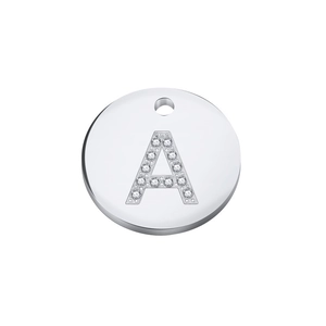 Pendente rotondo in argento lucido con design a lettera A in strass per collane