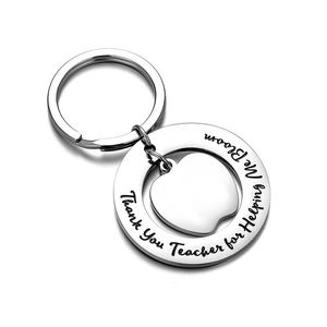 Silver stainless steel apple keychain with Thank You Teacher for Helping Me Bloom engraving