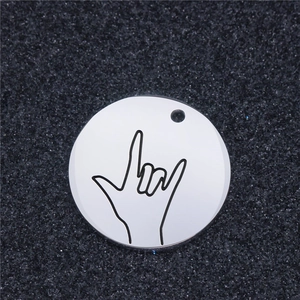 Polished stainless steel round pendant with I Love You ASL sign language engraving