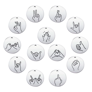 Polished stainless steel round pendants featuring creative sign language hand gestures