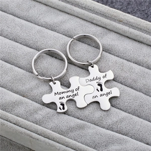 Mommy Daddy Of An Angel Puzzle Keychain Stainless Steel Engraved Footprint Memorial Key Ring Parents Gift