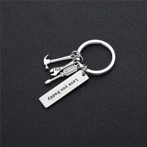 Industrial style stainless steel keychain with tool charms and Love you Daddy engraving