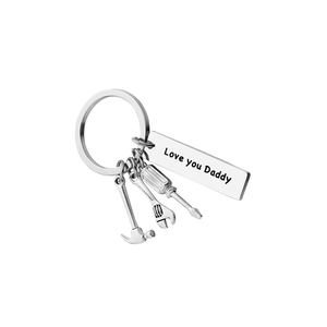 Stainless steel keychain with miniature tools and engraved Love you Daddy rectangular charm