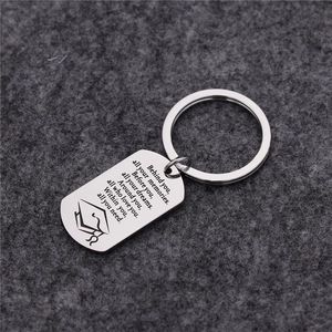 Stainless steel graduation keychain with engraved memories quote and mortarboard icon