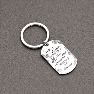 Silver stainless steel keychain with mother and daughter love message on rectangular tag