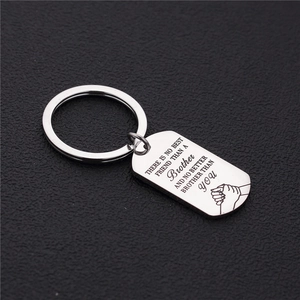 Silver stainless steel rectangular keychain with engraved brother friendship quote and handshake