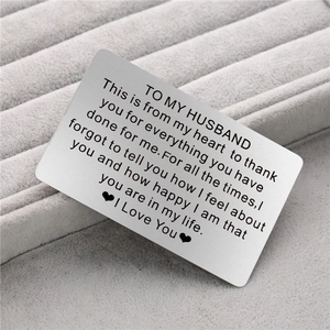 Brushed stainless steel wallet insert card for husband with heart sentimental message