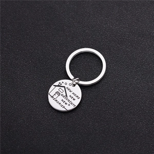 Silver stainless steel round keychain engraved with New Home New Adventure text