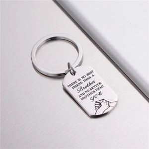 Stainless steel rectangle brother keychain with engraved friendship quote and handshake icon