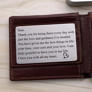 Silver stainless steel wallet insert card for Father's Day with engraved message