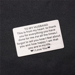 Brushed stainless steel wallet insert card with engraved message and heart for husband