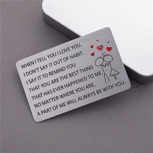Polished titanium steel wallet insert card with engraved emotional quote and red heart