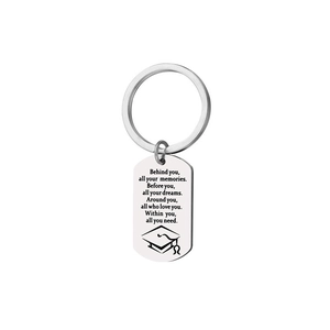 Silver military tag keychain with inspirational graduation text and doctoral cap icon