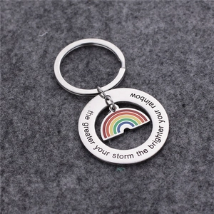 Silver stainless steel keychain with rainbow charm and engraved motivational quote