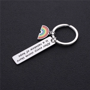 Rainbow bar keychain in silver steel with After every storm there is a rainbow of hope text
