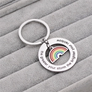 Titanium steel keychain with motivational engraved ring and colorful enamel rainbow charm