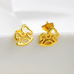 Charming 18K gold rocking horse stud earrings for women with high polished metal finish