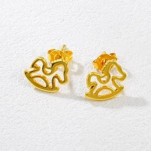 Minimalist 18K gold rocking horse stud earrings with hollow design on white background