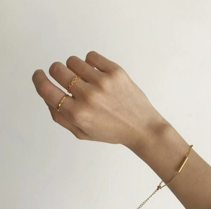 Minimalist 18K gold plated hollow chain ring set with thin geometric link bracelet