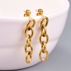 Vintage style gold long chain link drop earrings in polished stainless steel for women