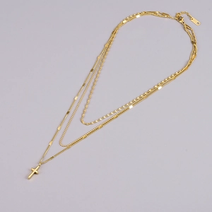 Collana a tre strati placcata oro 18K con ciondolo a croce e catena a sfere