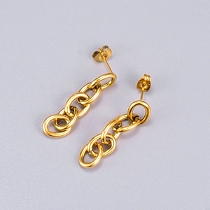 Elegant gold-tone long link chain earrings featuring oval metallic loops in a minimalist design
