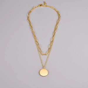 Double-layered 18k gold plated choker with paperclip chain and round pendant charm
