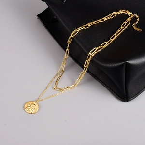 Double-layer 18k gold plated choker featuring a chunky chain and angel pendant necklace