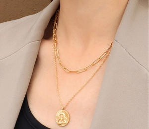 Double-layered 18k gold plated necklace with paperclip chain and angel coin pendant
