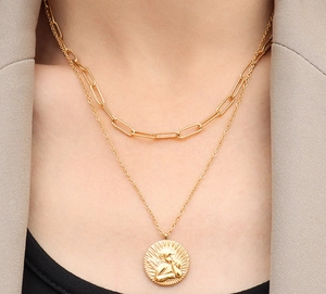 Double-layered 18k gold plated choker with paperclip chain and angel relief pendant
