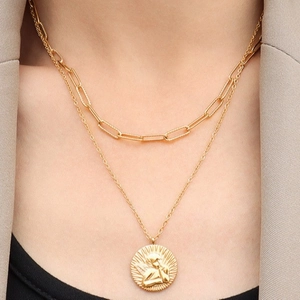 Double-layered 18k gold plated paperclip chain necklace with embossed angel coin pendant