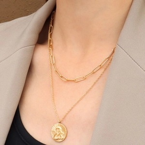 Double-layered 18k gold plated choker featuring paperclip chain and angel relief pendant