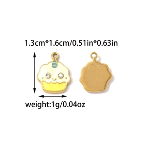 Pendentif cupcake émaillé avec strass pour bijoux DIY, vues recto verso avec dimensions