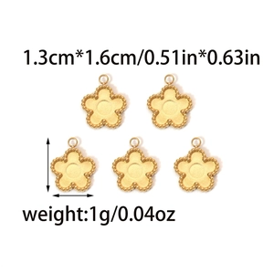Five-piece set of golden flower charms for jewelry DIY, featuring beaded edges and dimensions