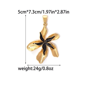 Unique gold stainless steel flower pendant with black enamel finish, 5cm by 7.3cm size