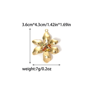 Unique gold flower pendant with colorful beads and stainless steel petals, 3.6x4.3cm size