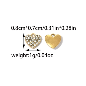 Detailed size chart for heart charms featuring crystal paving and smooth gold finish